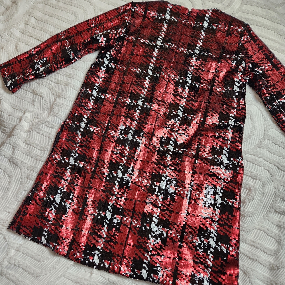 Tuckernuck NWT Sequin Red Plaid Houndstooth Pierre Holiday Shift Dress Medium - Picture 6 of 9